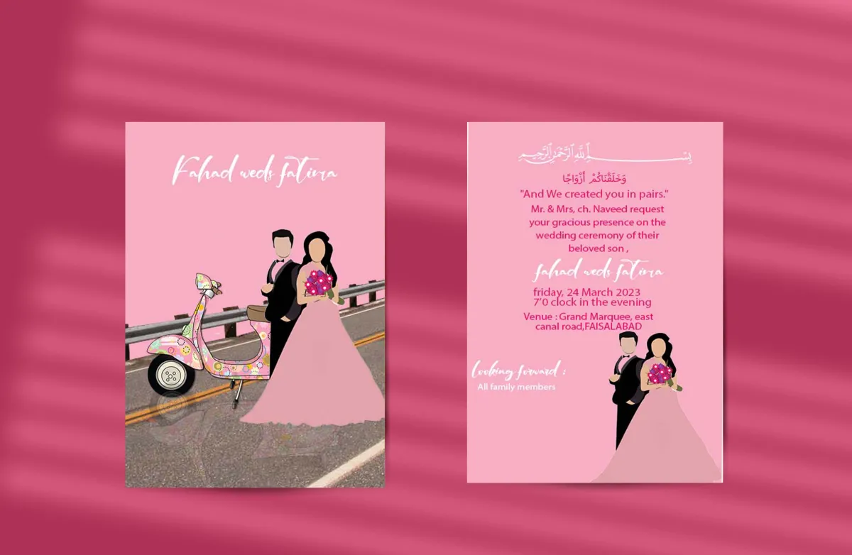 create amazing cartoon bride groom invitaion cards  for wedding