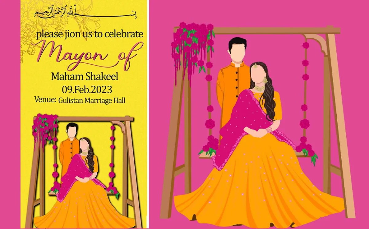 create amazing cartoon bride groom invitaion cards  for wedding