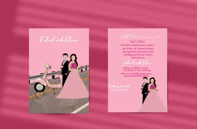 create amazing cartoon bride groom invitaion cards  for wedding